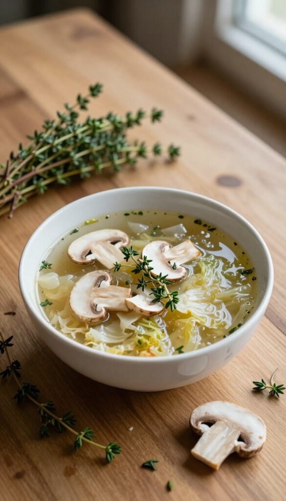 Bowl of cabbage soup with mushrooms and thyme on a wooden table
