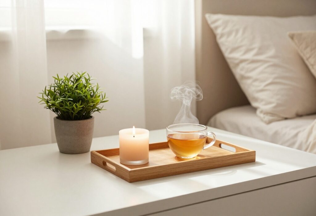 A calm, aesthetic self care setup with a candle, tea, and plant on a tray