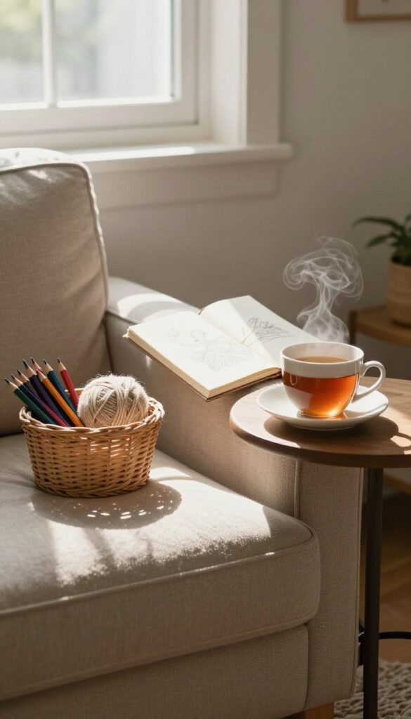 Cozy creative corner with art supplies and tea in warm natural light