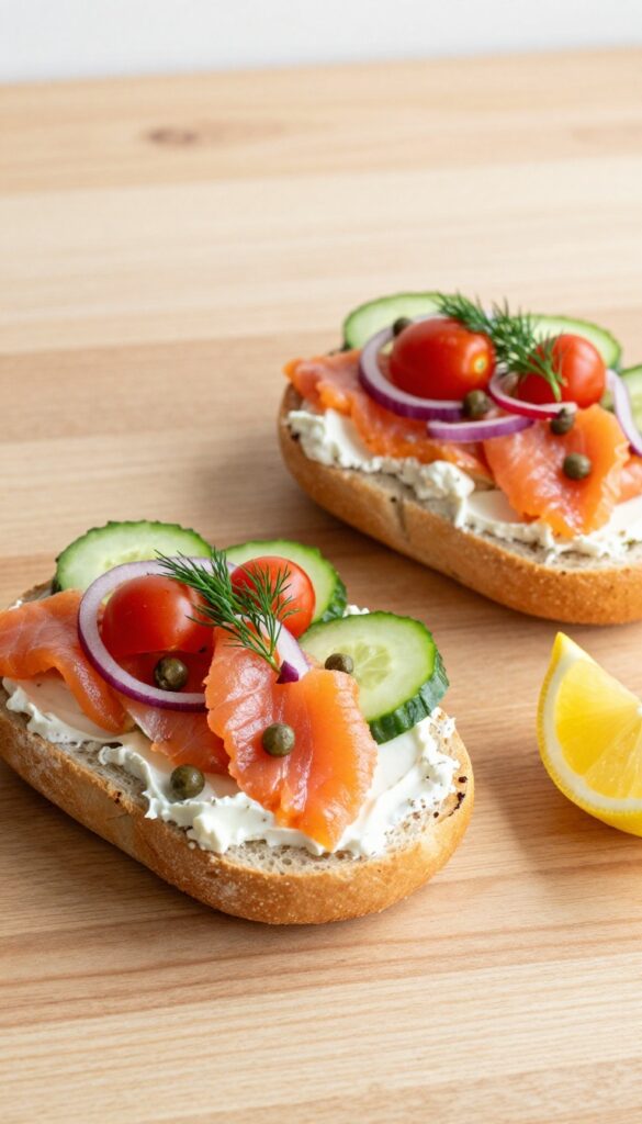 Smoked salmon and cream cheese bagel board with capers, red onion, cucumber, cherry tomatoes, and dill