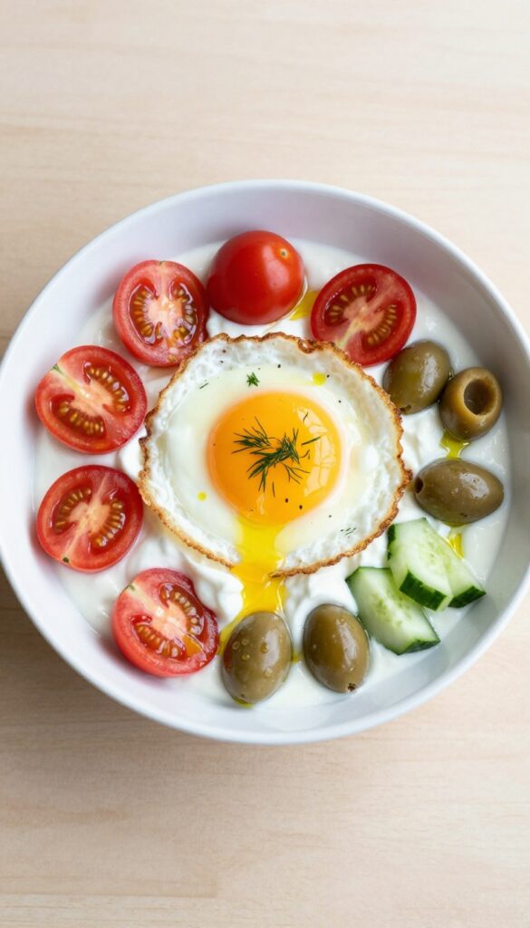 Greek yogurt bowl topped with cherry tomatoes, cucumber, olives, and a crispy fried egg