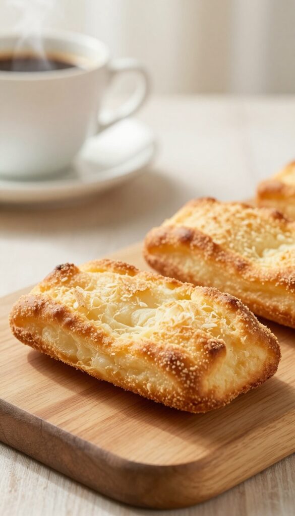 A golden-brown cheesy gougère on a wooden table with a coffee cup in the background, soft morning light.