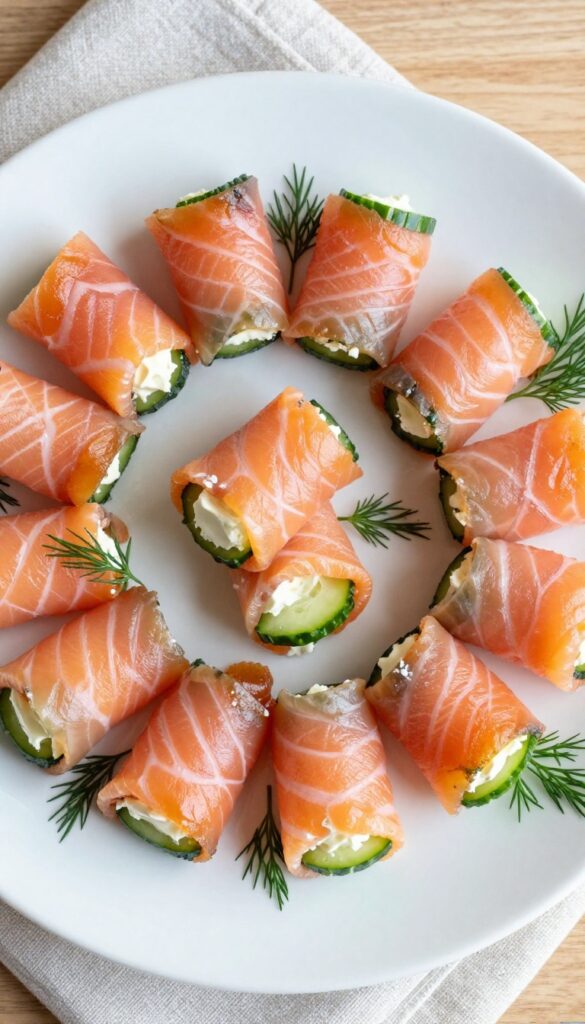 Smoked salmon and cream cheese roll-ups with cucumber on a white plate, garnished with dill.