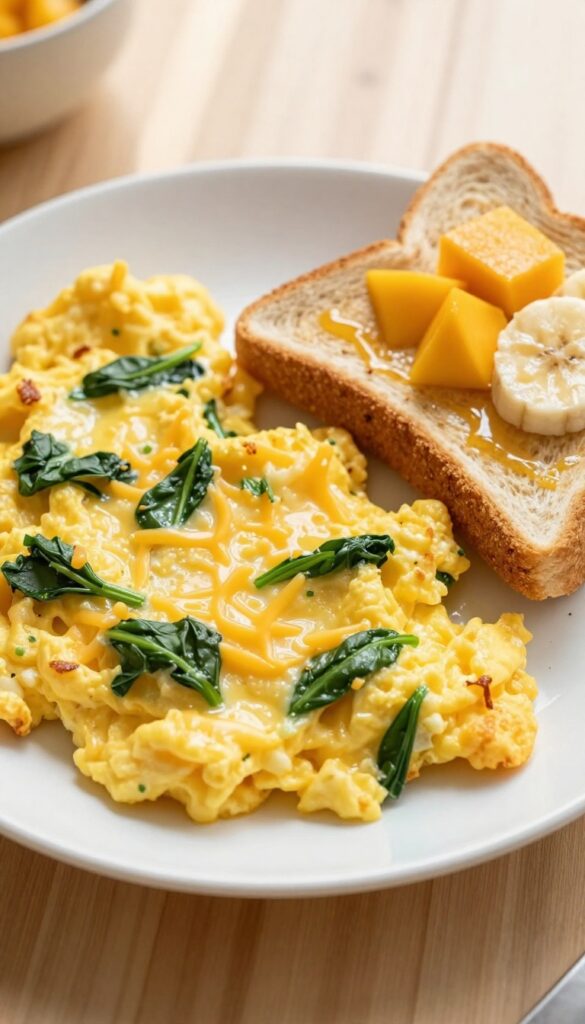 Fluffy scrambled eggs with spinach and cheddar cheese served with star-shaped toast and fresh fruit on a wooden table.