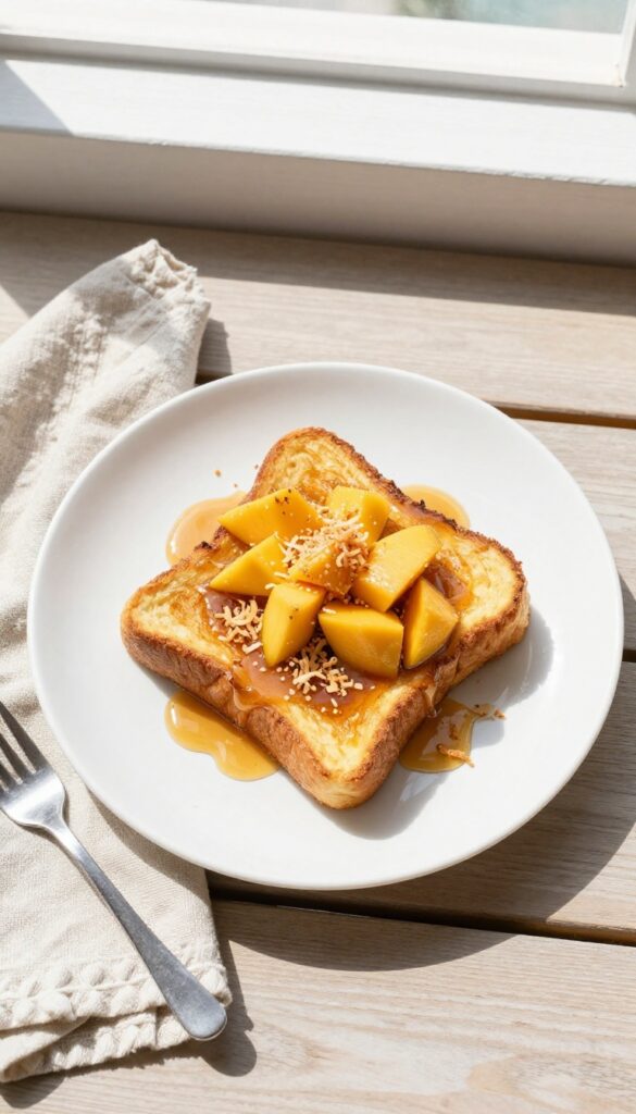 Coconut French toast topped with mango and toasted coconut on a white plate, tropical brunch setting