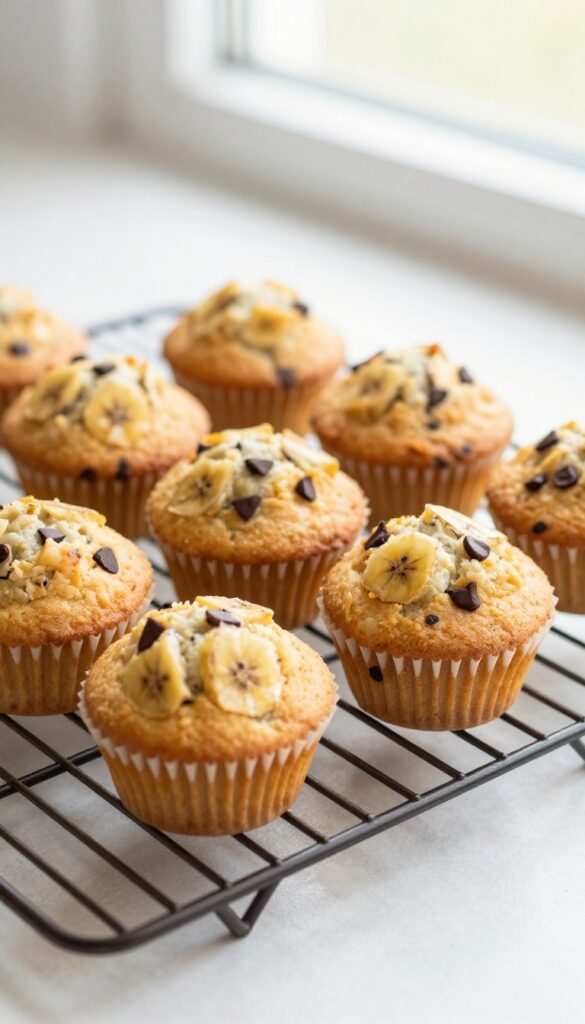 Freshly baked banana muffins on a wire rack in a sunlit kitchen