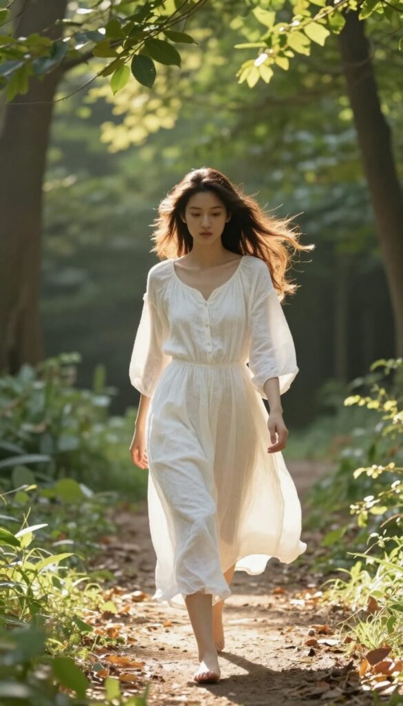 Woman walking barefoot on a sunlit forest path without headphones, enjoying a slow mindful walk