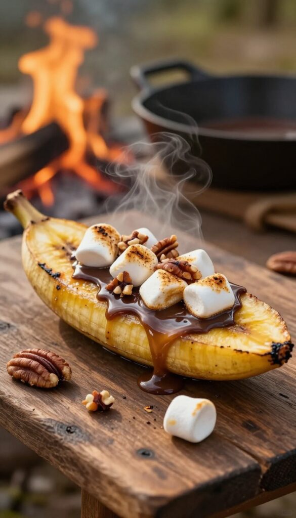 Campfire banana boat with melted chocolate and marshmallows