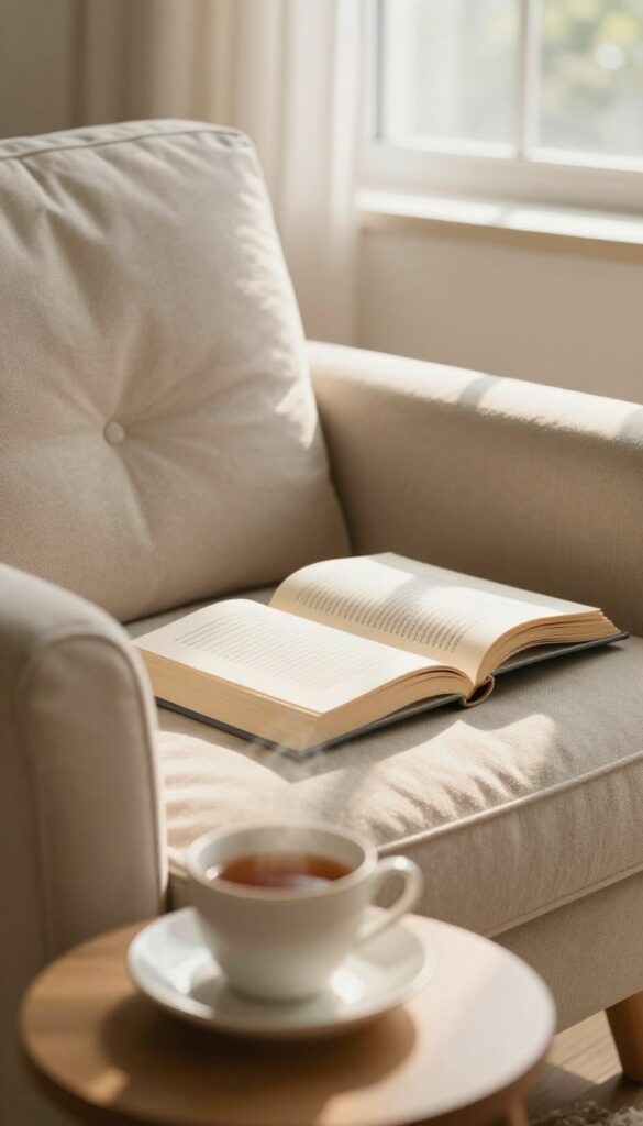 A cozy reading nook with an open book and a cup of tea in warm sunlight.