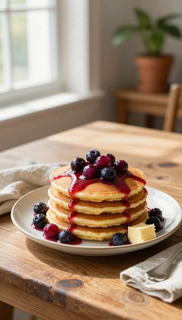 Fluffy buttermilk pancakes with berry compote on a cozy breakfast table