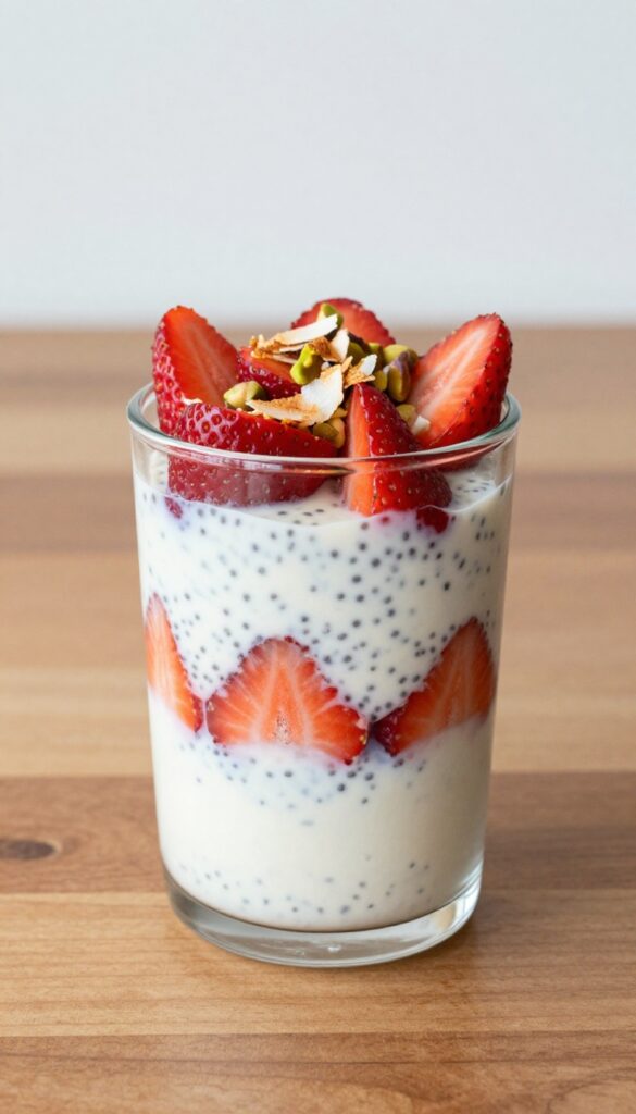 Strawberry chia pudding in a glass jar with fresh strawberries, coconut flakes, and pistachios on a wooden table.