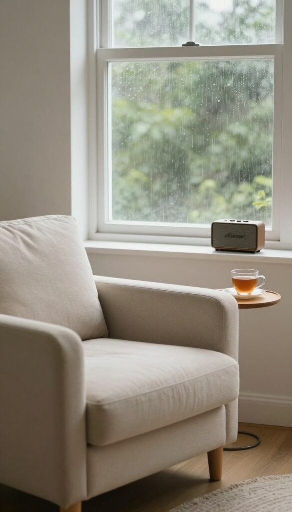 Cozy living room with armchair, tea, and speaker playing nature sounds in the rain