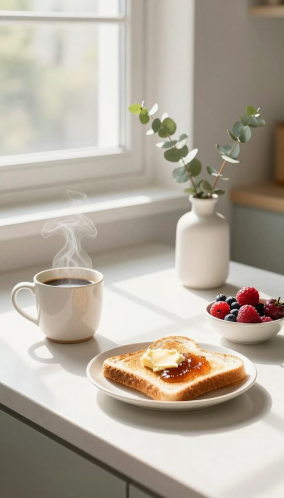 A peaceful screen-free breakfast setup on a sunlit kitchen table with coffee, toast, berries, and eucalyptus, no devices in sight.