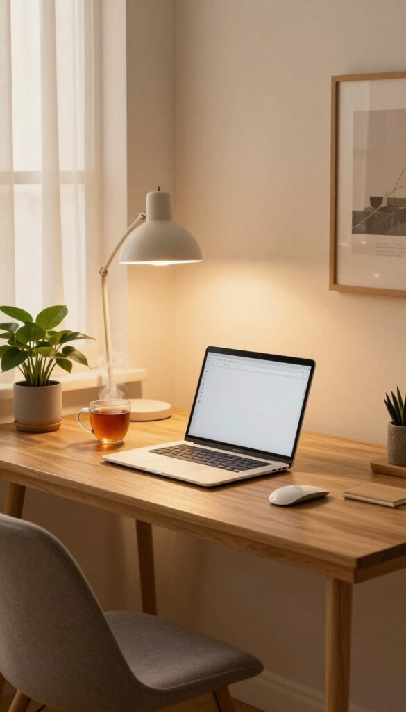 Cozy home office at evening with closed laptop and tea, signaling work cutoff time