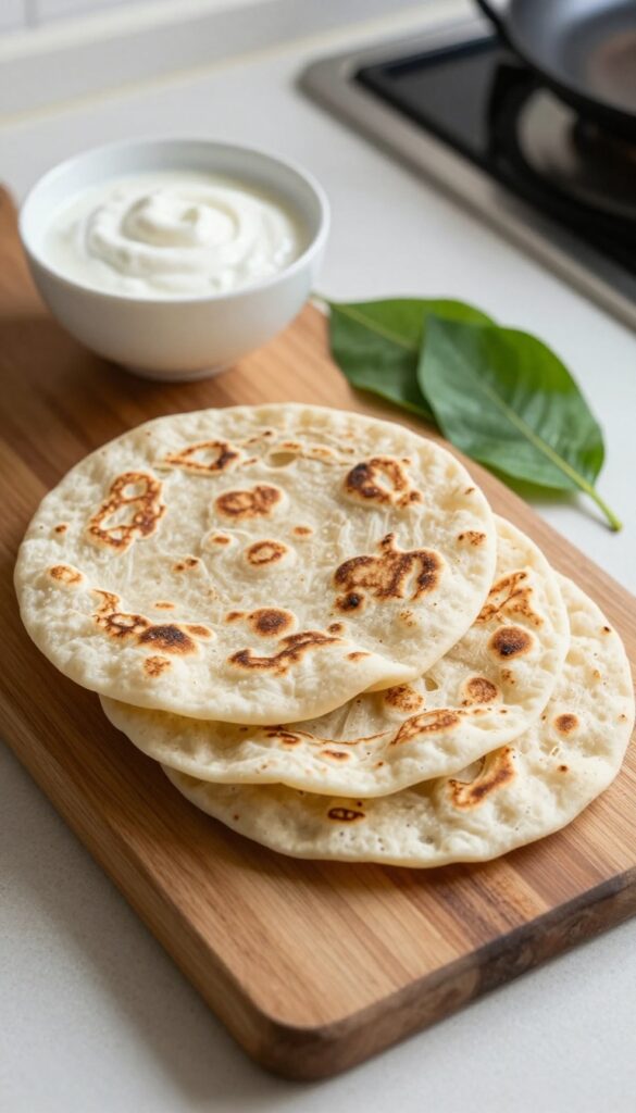 Stack of methi thepla flatbreads on a cutting board with yogurt and fenugreek leaves