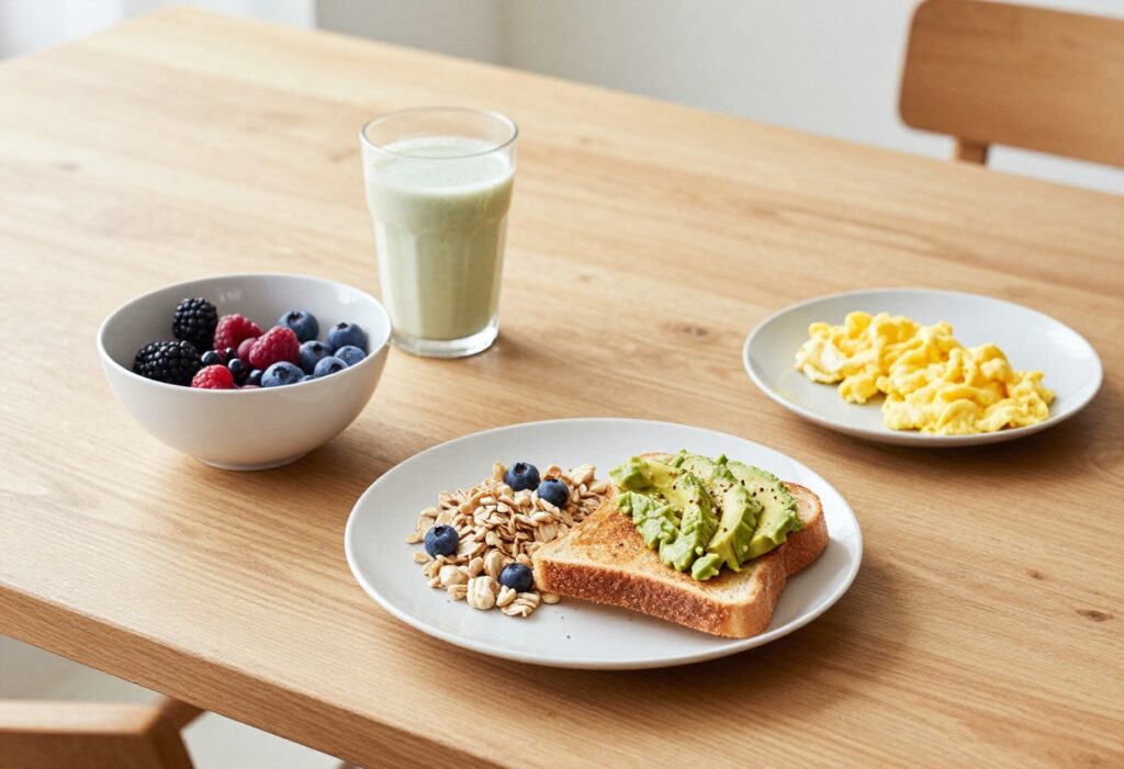 A collection of simple breakfast items on a wooden table including overnight oats, avocado toast, smoothie, and scrambled eggs.