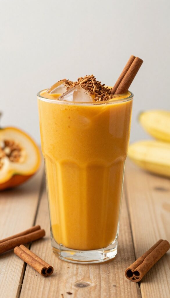 Creamy pumpkin spice smoothie in a glass with cinnamon garnish on a wooden table