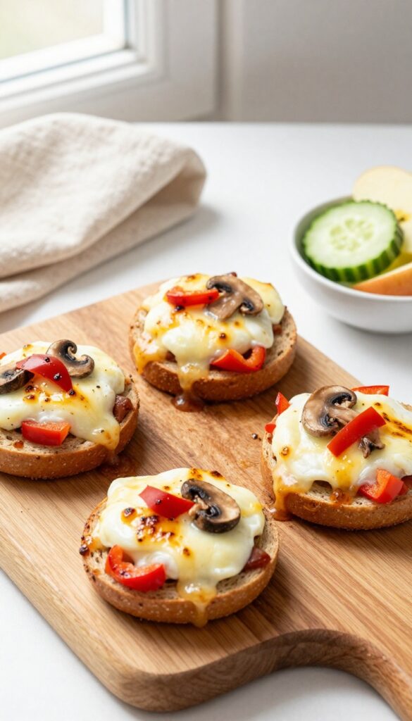 Mini whole wheat bagel pizzas with melted cheese and finely chopped veggies, served with cucumber slices and apple wedges on a wooden board.