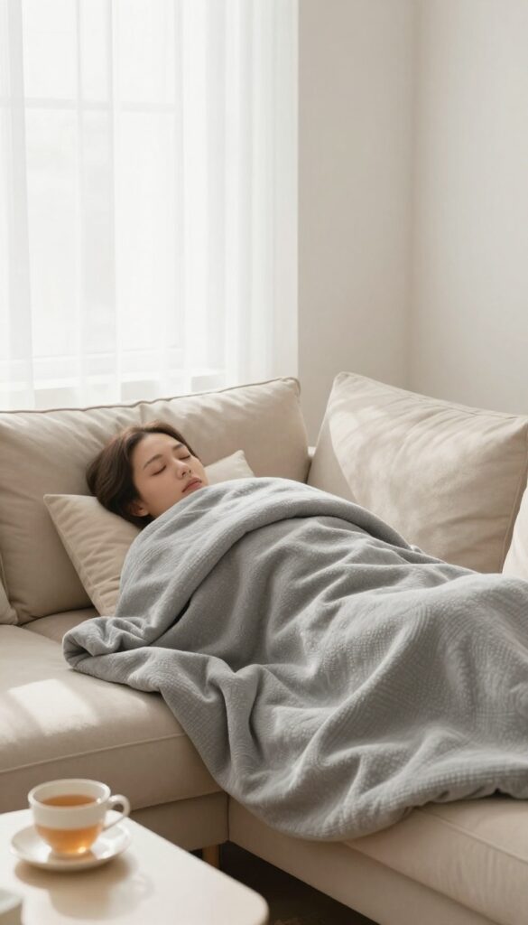 Person resting under a weighted blanket on a cozy sofa in bright natural light