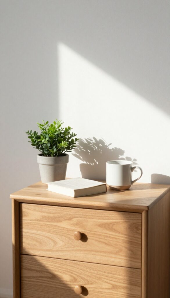 Clean minimalist nightstand with plant and book in soft natural light