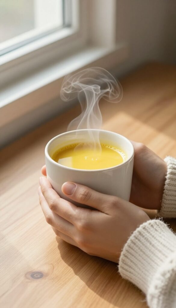 Person holding a warm mug of golden milk or tea in soft morning light, cozy self-care morning ritual.