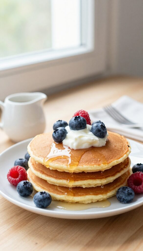 Stack of cottage cheese pancakes with Greek yogurt and fresh berries, sugar-free syrup on the side
