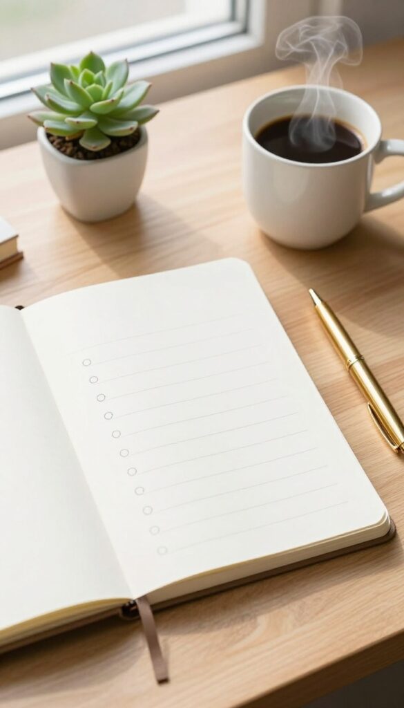Flat lay of open notebook with to-do list, pen, succulent, and coffee on wooden desk in natural light