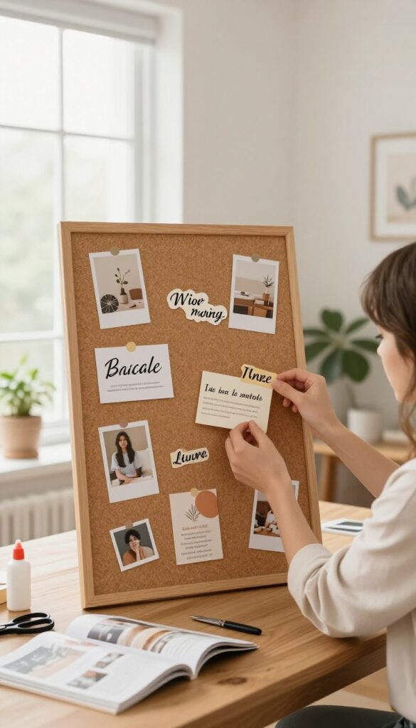 Woman creating a vision board on a corkboard with magazine cutouts, scissors, and glue on a table in a sunlit room.