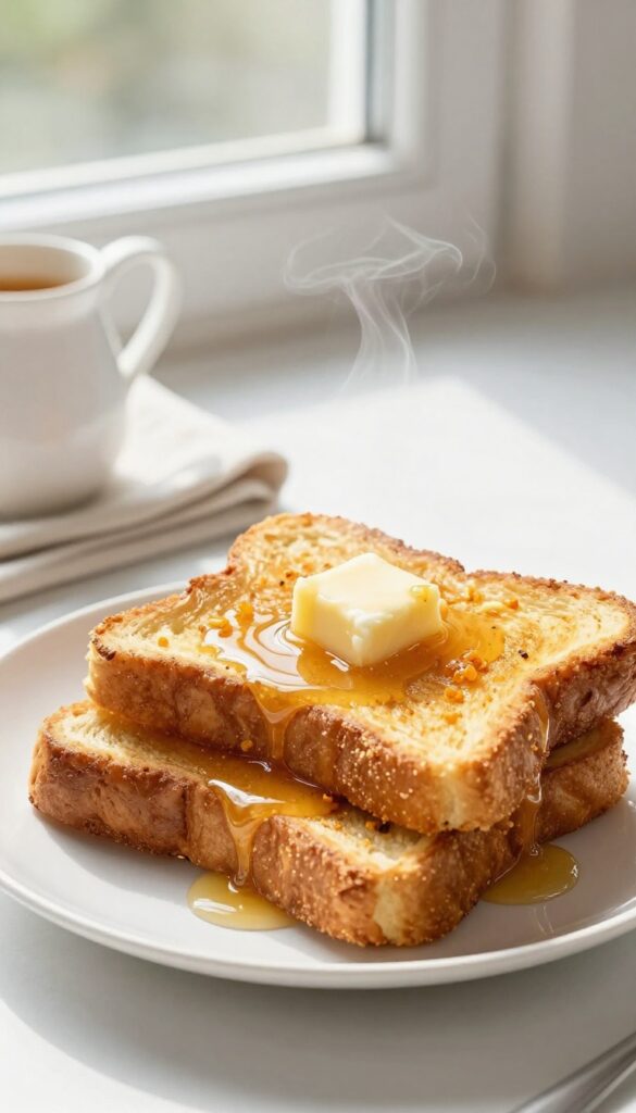 Golden brioche French toast with orange honey glaze on a white plate