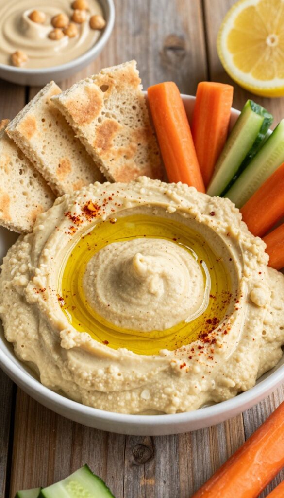 Homemade hummus in a bowl with olive oil and paprika, served with pita bread and vegetable sticks