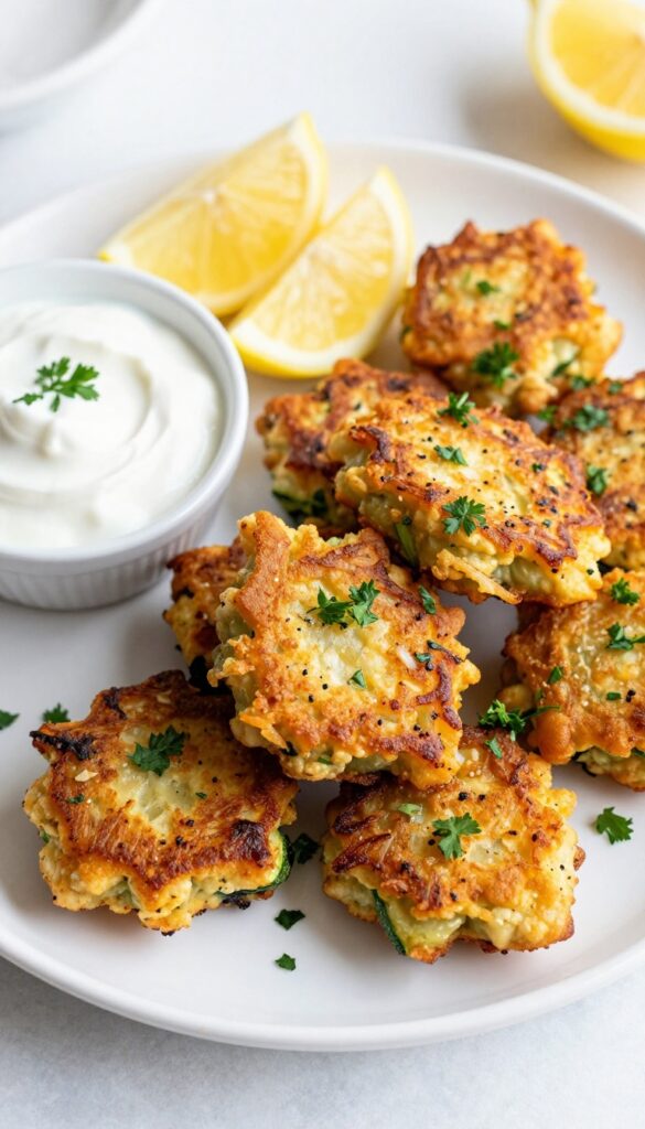 Crispy tuna and zucchini fritters served with lemon and yogurt