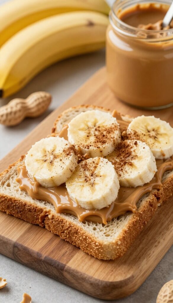 Banana peanut butter toast on a wooden board with bananas and peanut butter jar