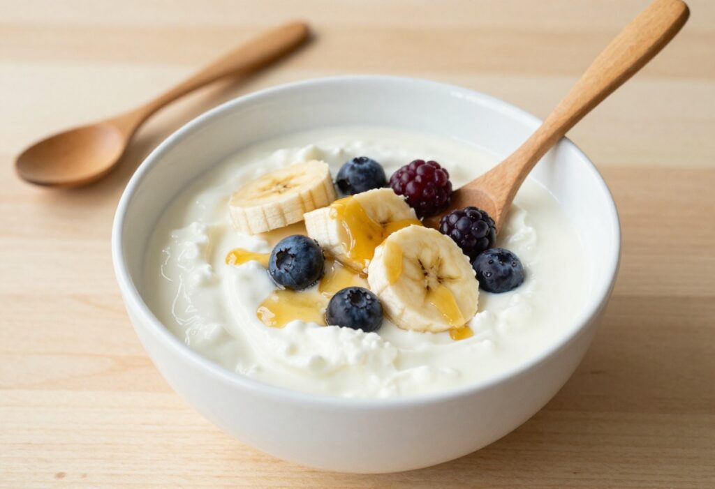 Cottage cheese bowl with berries and banana on a wooden table
