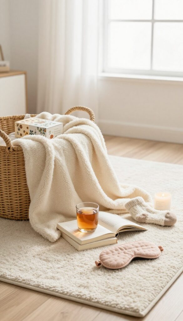 Cozy night in basket with blanket, tea, book, socks, sleep mask, and candle