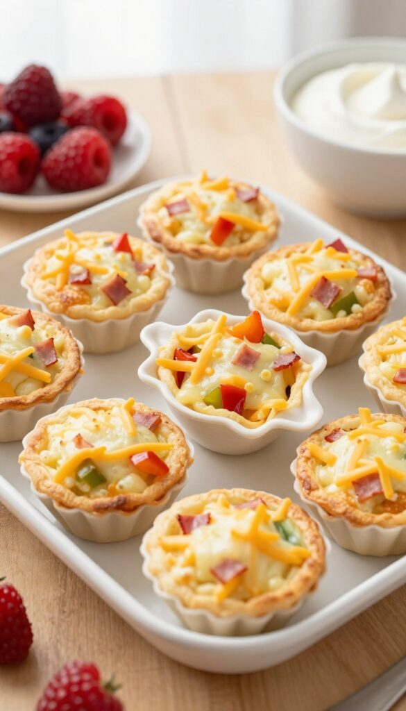 Mini frittatas in an air fryer mold with cheese, ham, and bell peppers on a wooden table with berries and sour cream.