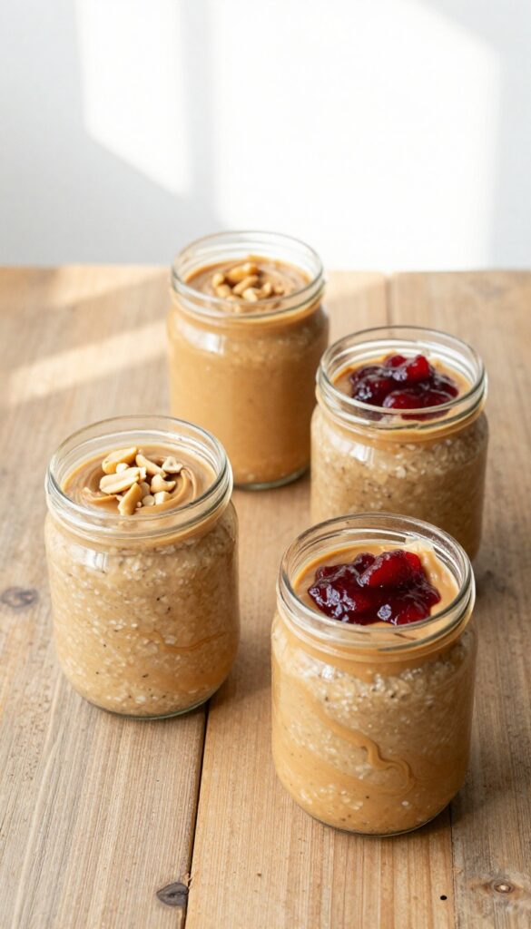 Four jars of peanut butter and jelly overnight oats on a wooden table
