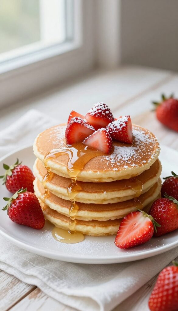 Fluffy strawberry pancakes with maple syrup and fresh strawberries on a plate