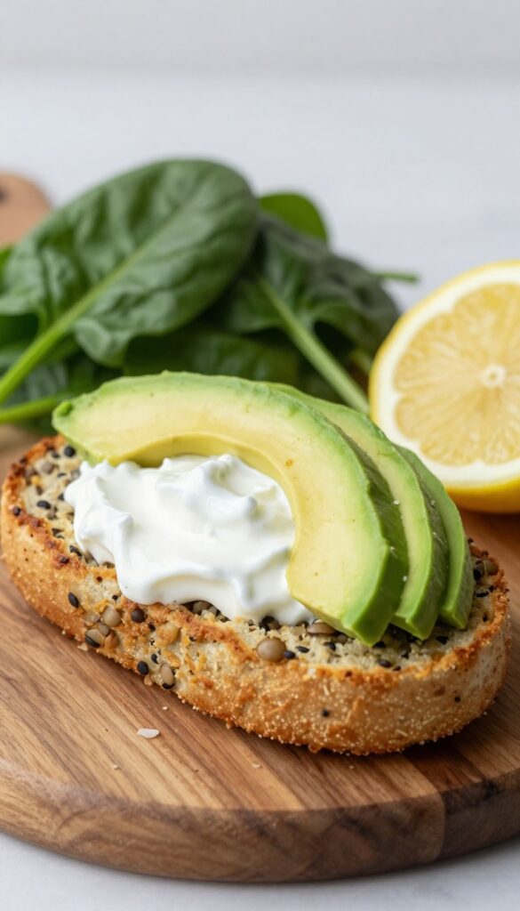 Two lentil breakfast burgers with avocado and yogurt on a wooden board