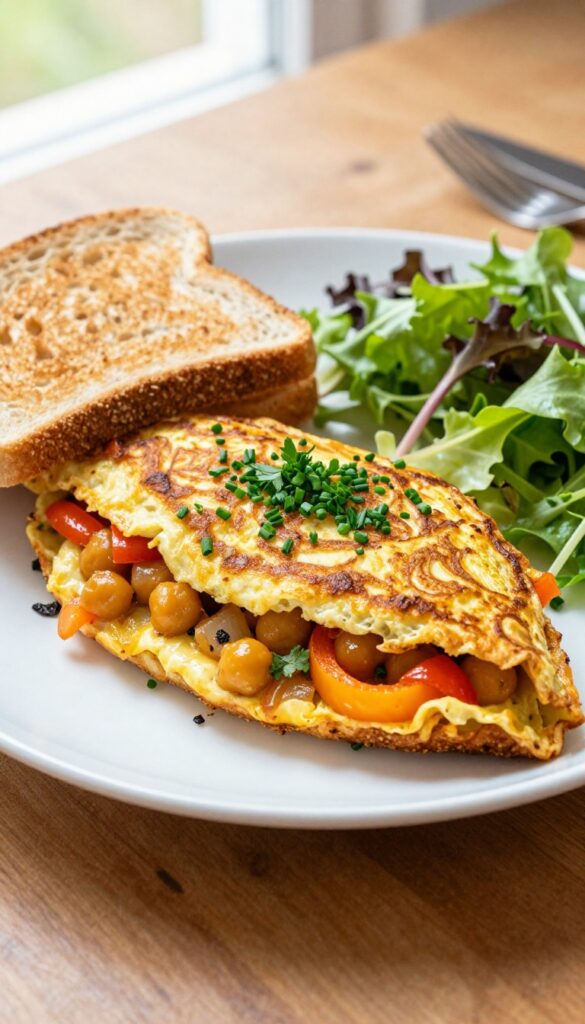 Golden chickpea flour omelet with herbs and vegetables on a plate, with toast and salad, in natural light.