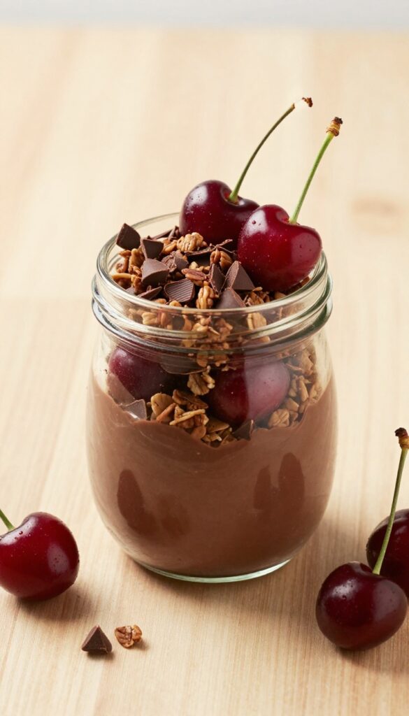 Dark chocolate and cherry parfait in a glass jar with layers of yogurt, cherries, and granola.