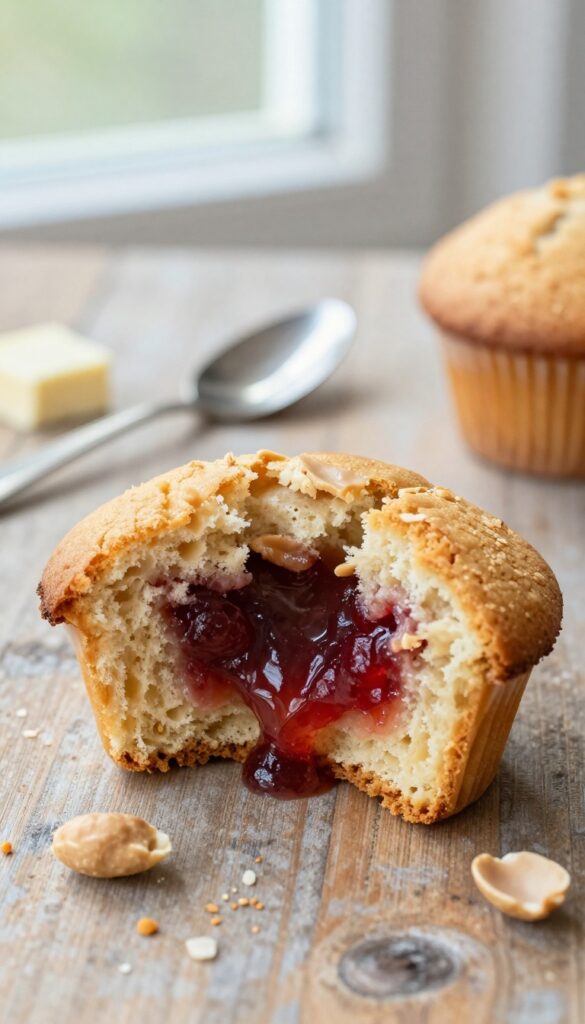 Peanut butter and jelly muffin with jam center on wooden table