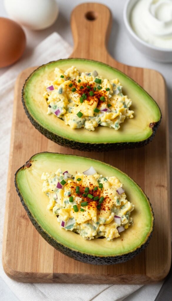 Egg salad stuffed avocado halves on a wooden board with natural light