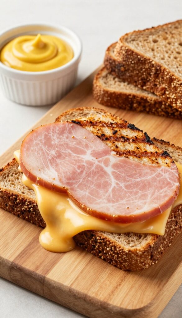 Grilled ham and Swiss on rye sandwich with Dijon mustard, cut in half, on a wooden board.