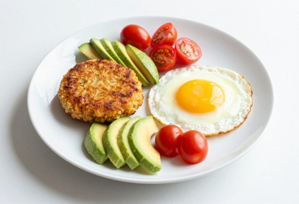 Golden crispy hash brown on a plate with fried egg and avocado