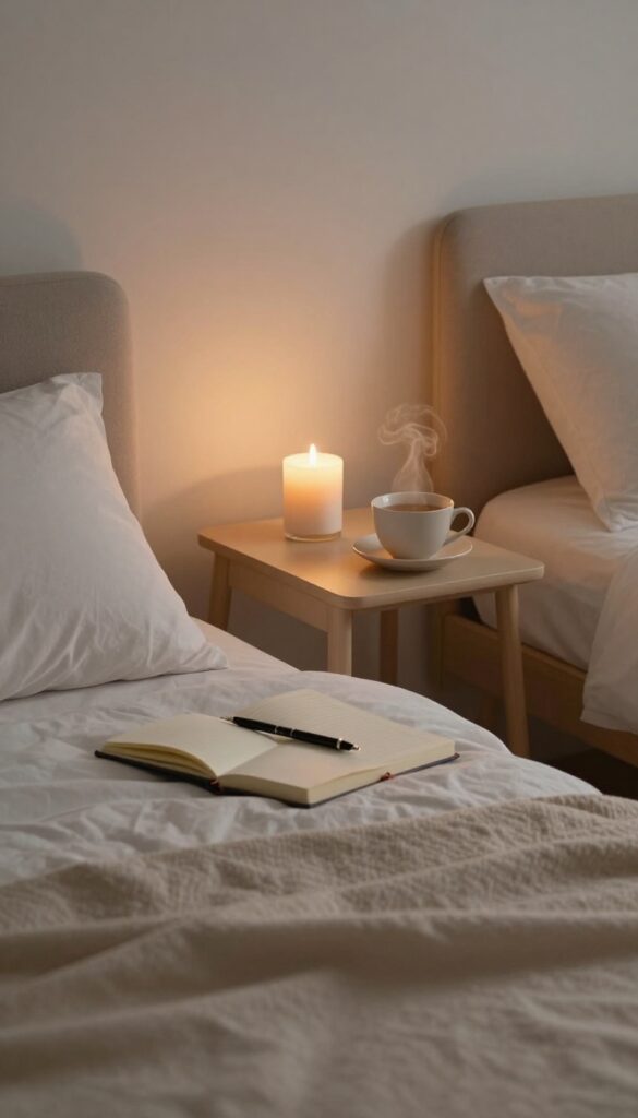 A serene bedroom scene with an open journal and candle on a nightstand, representing setting an intention for tomorrow.