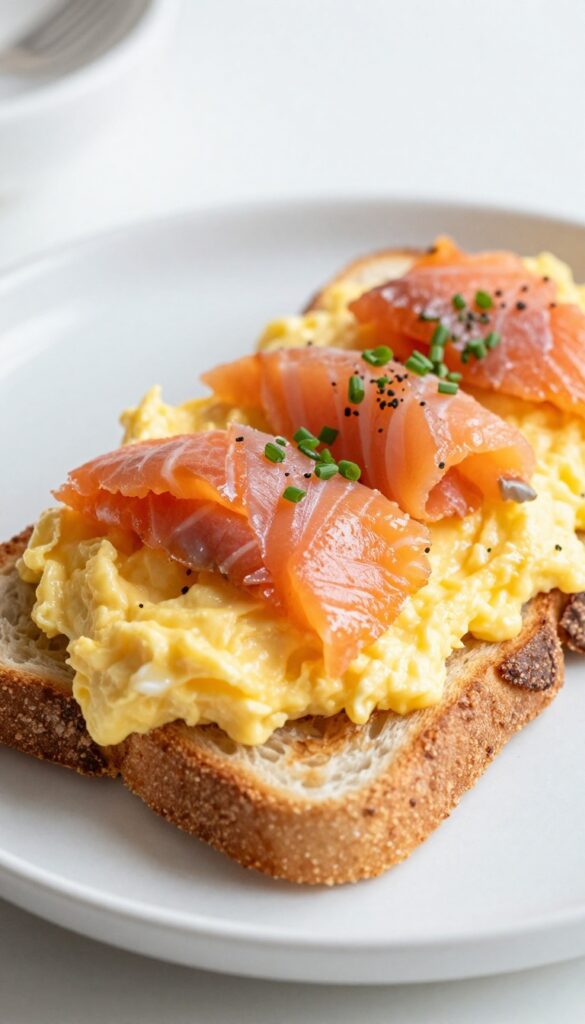 Smoked salmon and scrambled eggs on toast