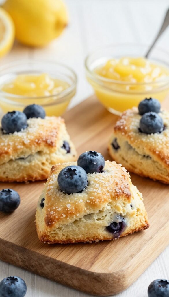 Blueberry lemon scones on a wooden board with lemon curd