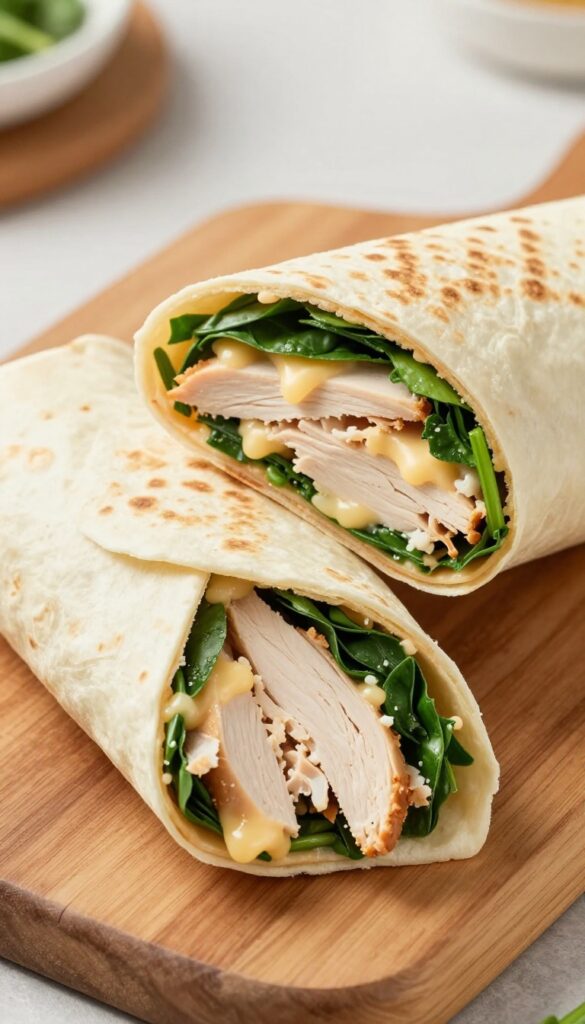 Turkey and cheese wrap cut in half on a wooden board with spinach leaves