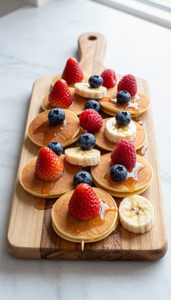 Mini pancake skewers with berries and banana slices drizzled with maple syrup on a wooden board