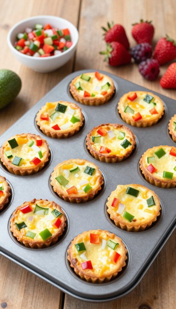 Veggie-packed frittata muffins in a muffin tin with salsa and berries on the side.